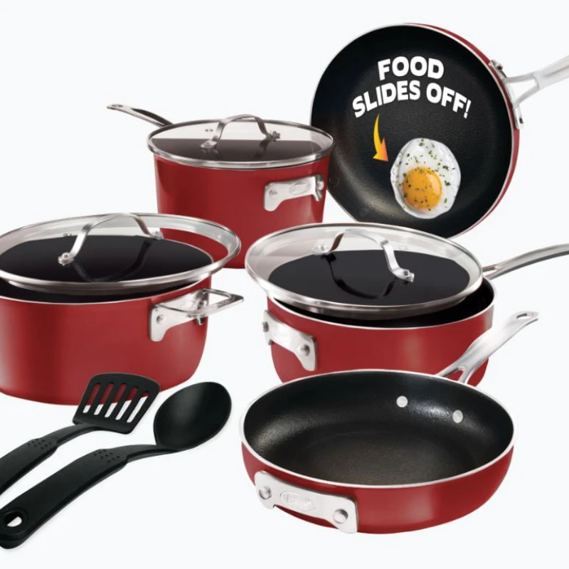 

Stackmaster Pots and Pans Set, 10 Piece Cookware Set, Stackable Design with Nonstick Cast Texture Coating, Includes Skillets, Sa
