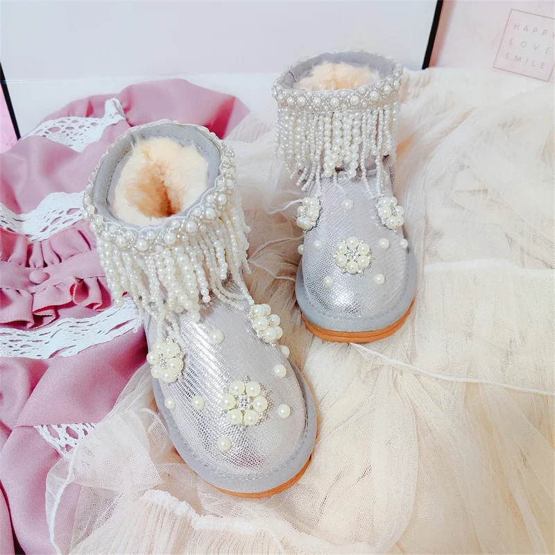 

Tassel handmade custom velvet warm boots White pearl fur one mid-calf boots women's 35-40