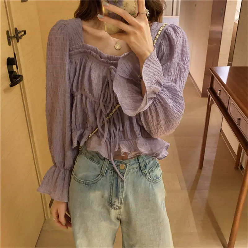 

Women Purple Ruffles Tops Flare Sleeves Thin Shirts High Waist Streetwear Female Fahsion All Match Solid Chic Blouses Plus Size