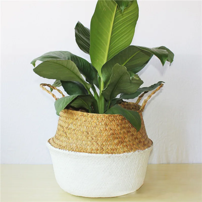 

Handmade Woven Storage Basket Folding Clthoes Laundry Basket Straw Wicker Rattan Seagrass Belly Garden Flower Pot Plant Basket