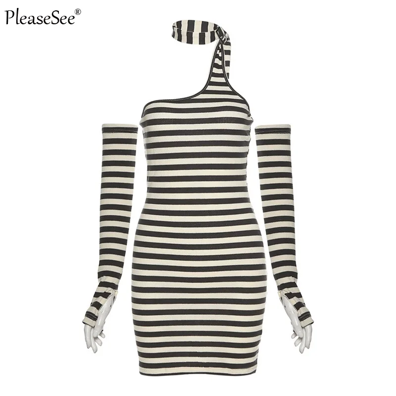 Женское летнее платье-мини в полоску с открытой спиной |