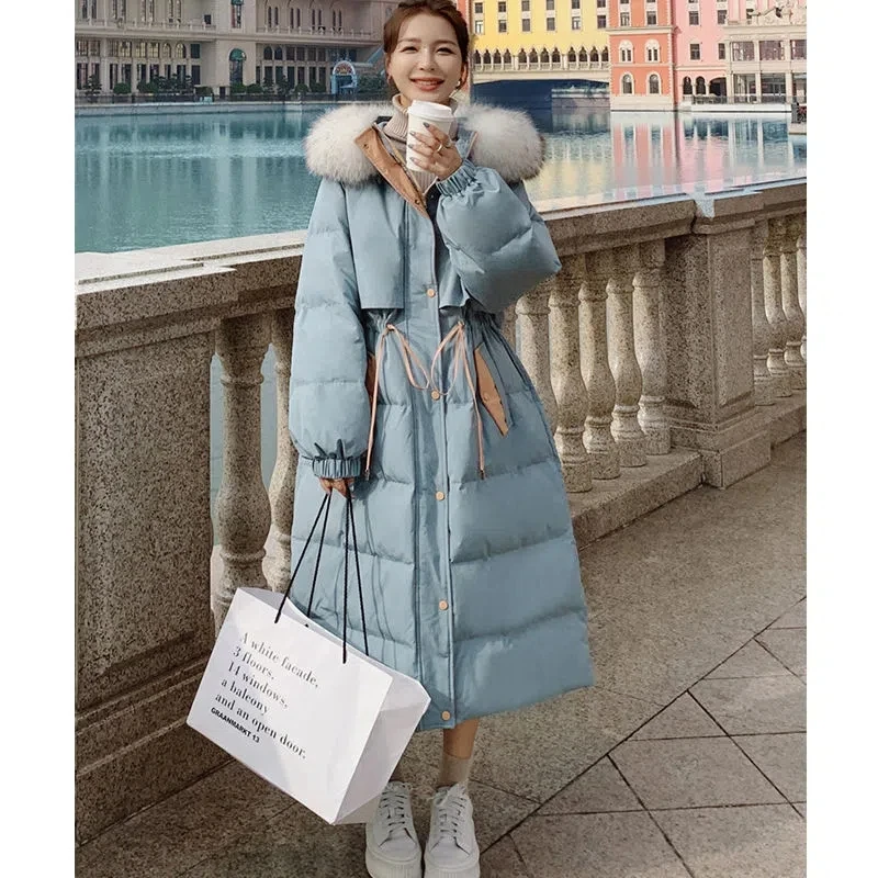 

Winter Jacket Women Korean Loose Over Knee Long Coat Waist Drawstring Artificial Fur Hooded Internet Celebrity Warm Parkas