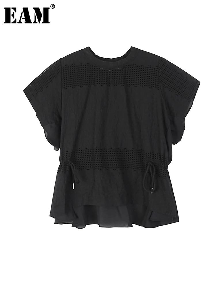 

[EAM] Women Black Drawstring Hollow Out Big Size Thin T-shirt New Round Neck Short Sleeve Fashion Spring Summer 2022 1DE9749
