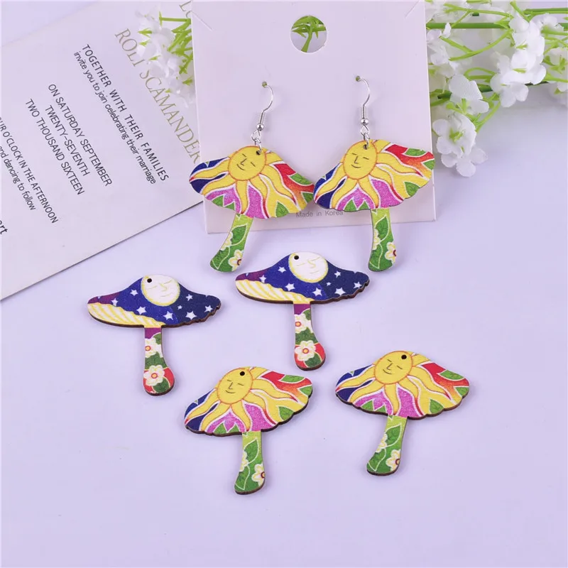 

10pcs/pack Fashion Sun Moon Mushroom Wooden Charms Pendant Jewelry Making Craft DIY 45*43mm