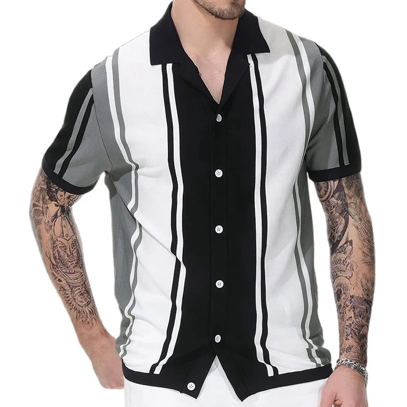 

Винтажная полосатая трикотажная рубашка, летняя модная мужская рубашка с коротким рукавом, уличная одежда, повседневная рубашка с лацканами и пуговицами, мужская одежда