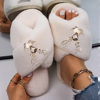 women slippers fuzzy slides designer metal deer faux fur sandals luxury fluffy slippers ladies flip flops flat indoor shoes 2022