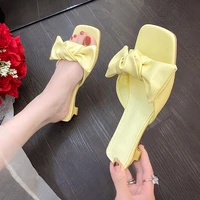 2022 summer bow knot slides korean low heels square toe slippers female casual comfortable clip toe flip flops womens sandals