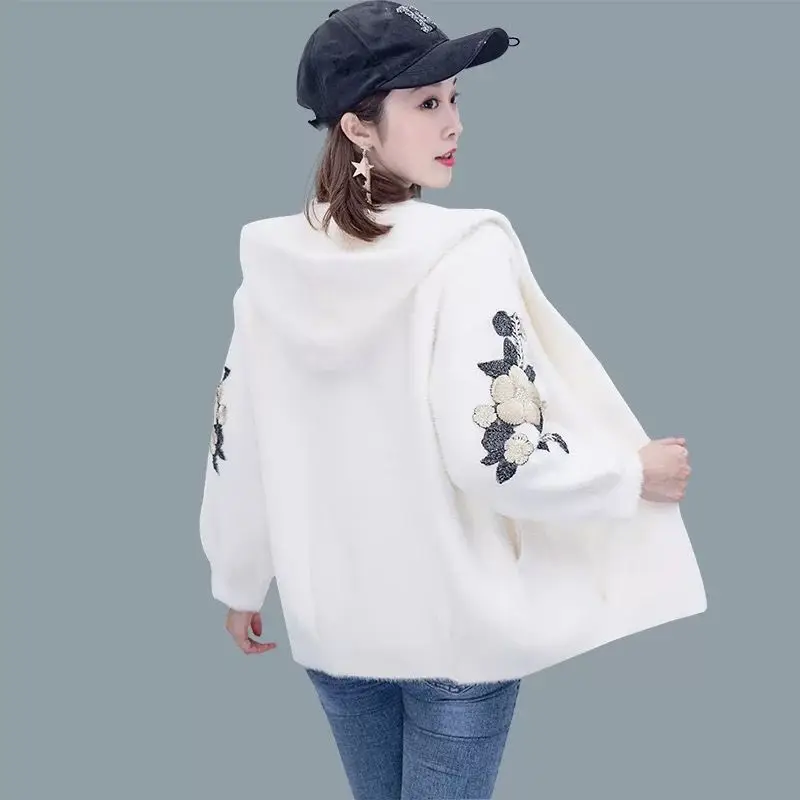 New Women Autumn Winter Thicken Warm Faux Mink Cashmere Hooded Cardigan Female Embroidery Loose Casual Knitted Sweater