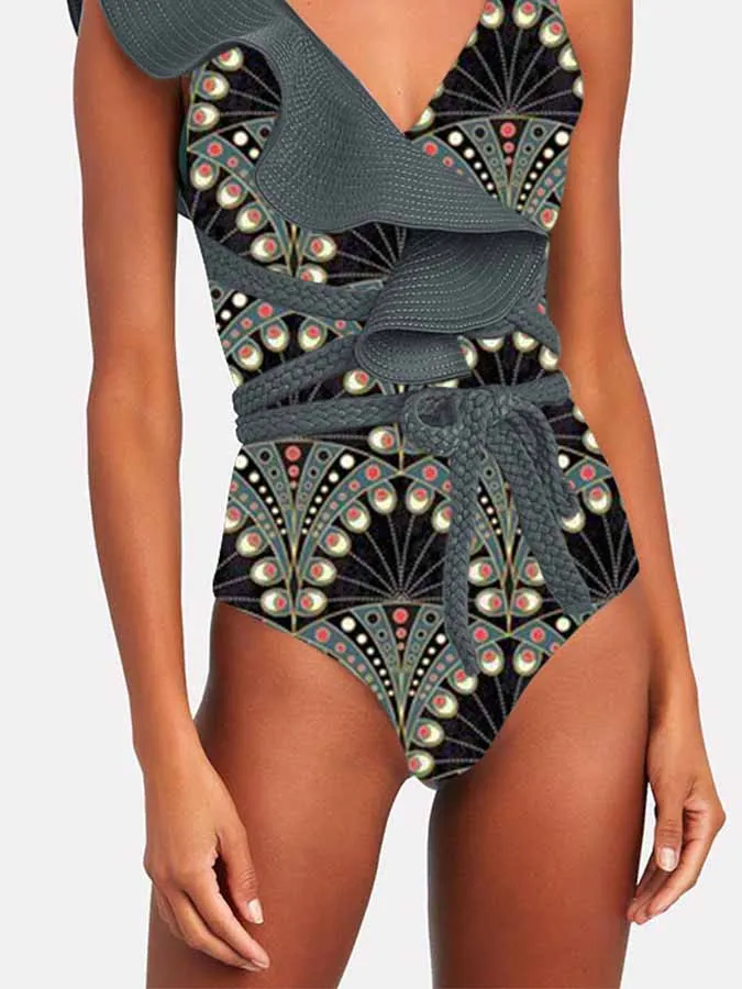 

Ladies Sexy Deep V Neck Print Ruffle Swimsuit One Piece Bikini