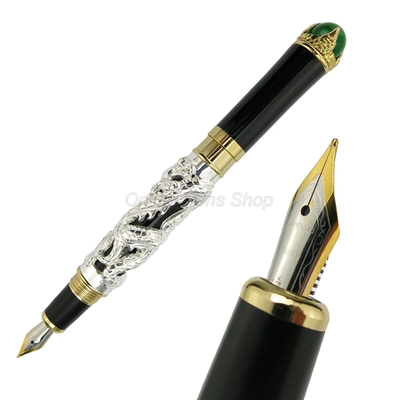 Jinhao Блестящая серебряная перьевая ручка с древним драконом король резьба тиснение Средний наконечник профессиональные офисные канцелярские принадлежности