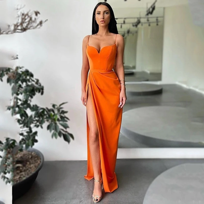 

Sexy Prom Dresses 2022 V-neck Satin High Split Evening Dress Saudi Arabia Mermaid Sleeveless Long Cocktail Party Gown