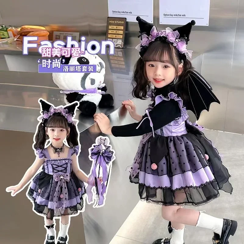 

Kawaii Sanrios Kuromi Cute Cartoon Lolita Dress Spring and Autumn Girl Birthday Party Role Play Tutu Dress Child Dress Gift