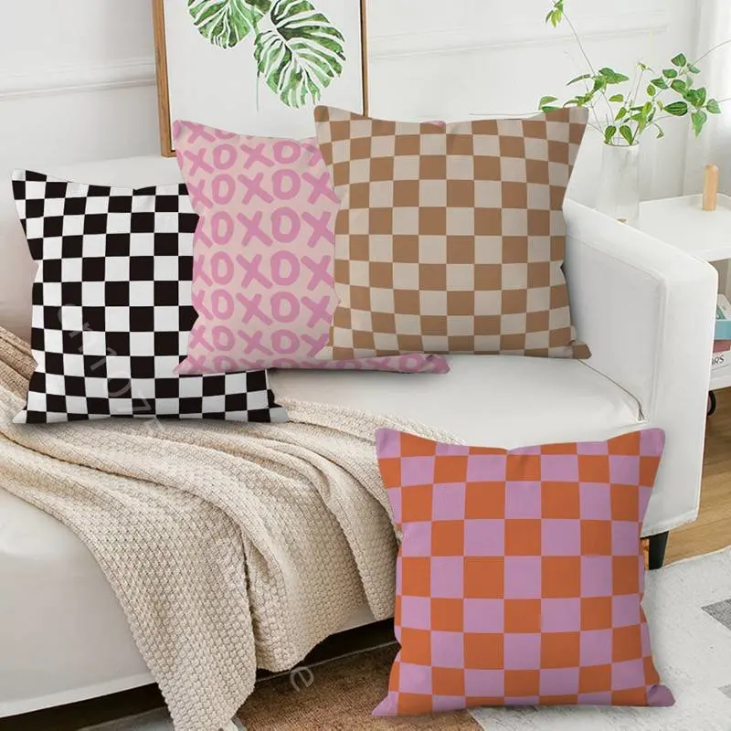 

Chess Board Plaids Peach Skin Pillow Case Car Office Cushion Covers Decorations for Home Living Room Sofa Square Throw Pillows