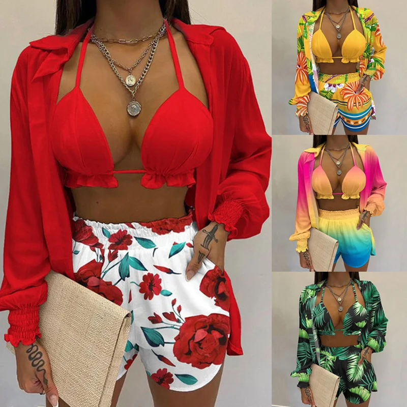 

Summer 3 Piece Set Outfits Women 2022 Fashion Sexy Beach Style Printed Suspender Cardigans Shorts Suit Three Piece Set Women