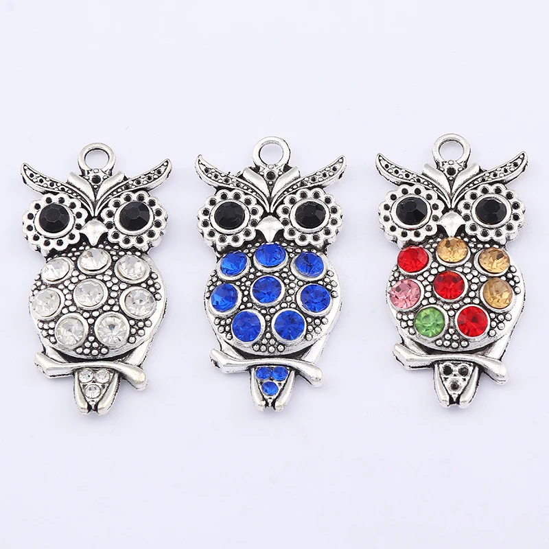 

5pcs Tibetan Silver Colorful Rhinestone Owl Bird Charms Pendants For DIY Necklace Jewelry Making Finding Supplies 48x23mm