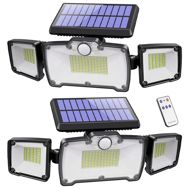 Solar Outdoor Lights, 218 LED 2800LM Flood Lights With Remote Control, 3 Heads Solar Security Outdoor Lights 2Pack