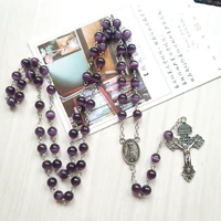 vintage purple cat eye cross necklace for unisex chain jewelry pendant 8mm rosary beads catholicism pray religious service party