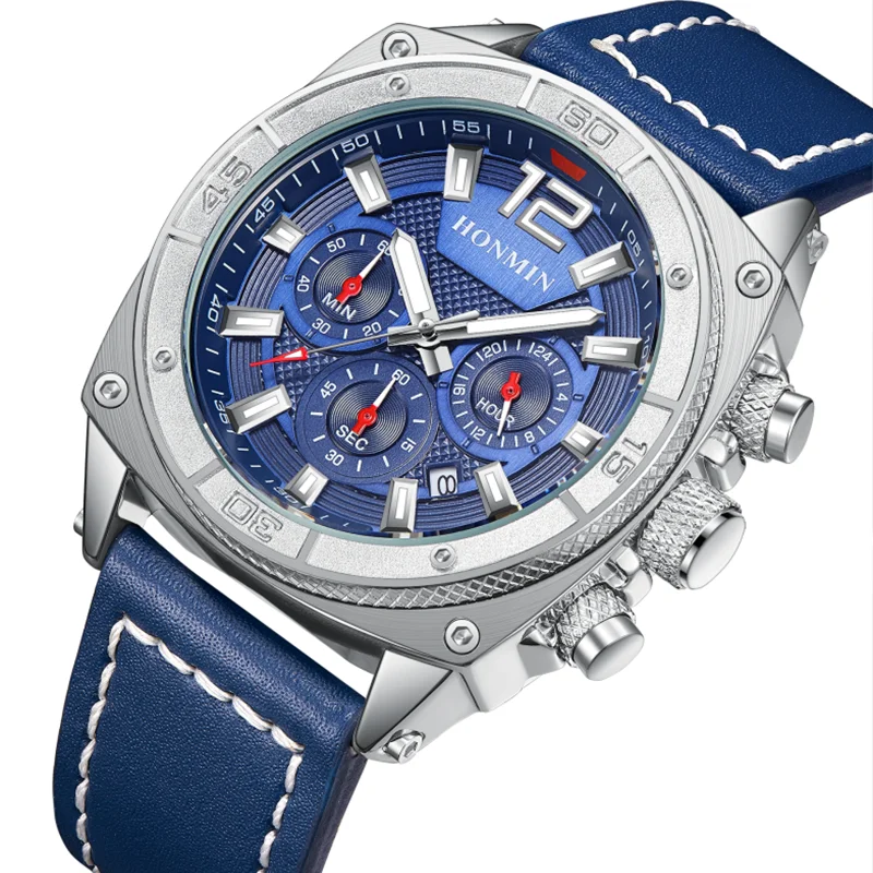 

HONMIN New Men's Watch High-end Brand Fashion Trend Business Leather Strap Blue Dial Men's Quartz Watch Relógio Masculino