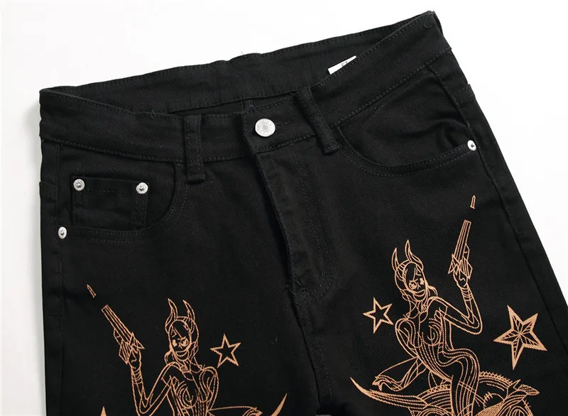 Men's Slim 3D Print Jeans Fashion Sexy Beauty Flag Skull Painted Black Stretch Denim Pants for Men