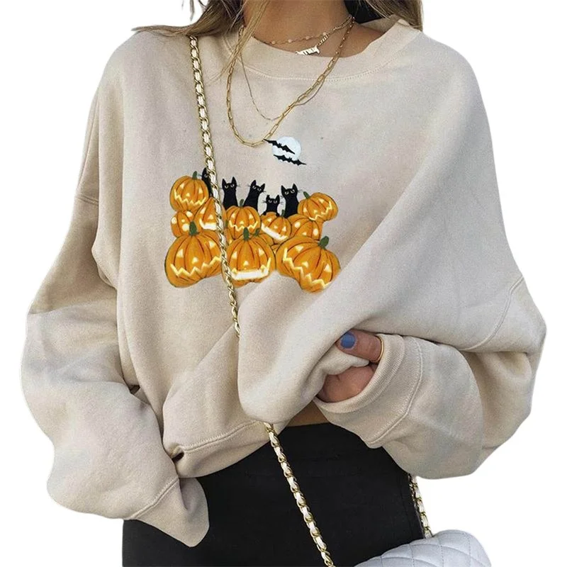 

Women's Pumpkin Print Long Sleeve Round Neck Sweatshirt Female Halloween Loose Pullover 2021 Autumn Winter Personality Jumper
