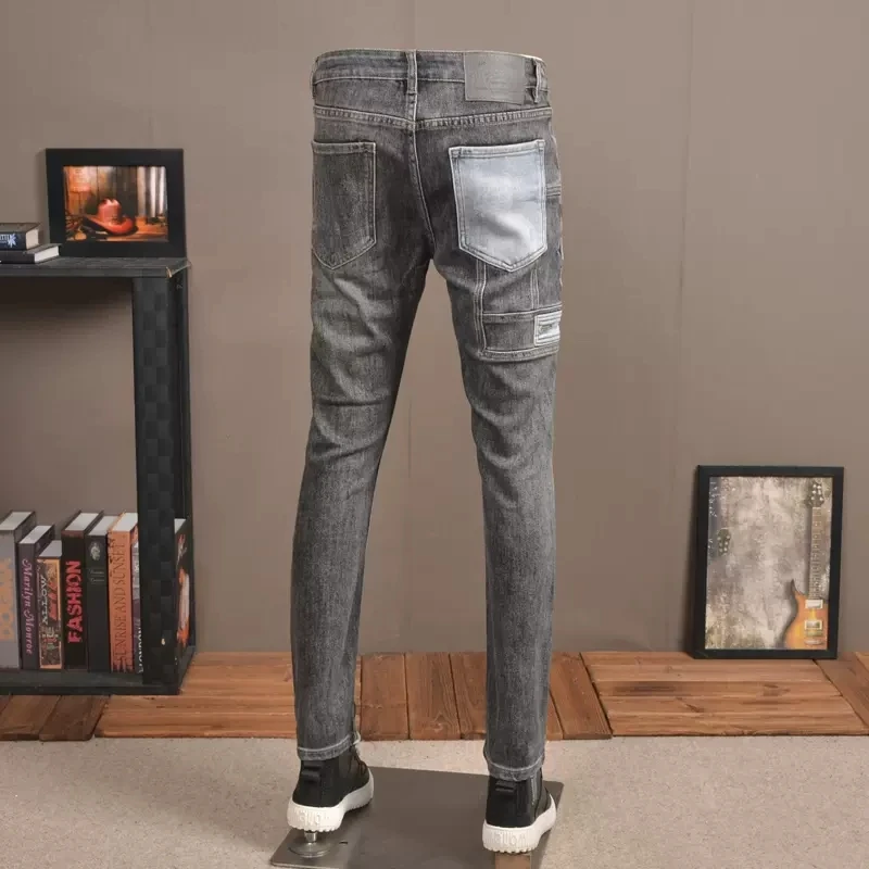 Streetwear Fashion Men Jeans Retro Gray Stretch Slim Fit Ripped Jeans Men Trousers Pocket Designer Patched Hip Hop Pants Hombre