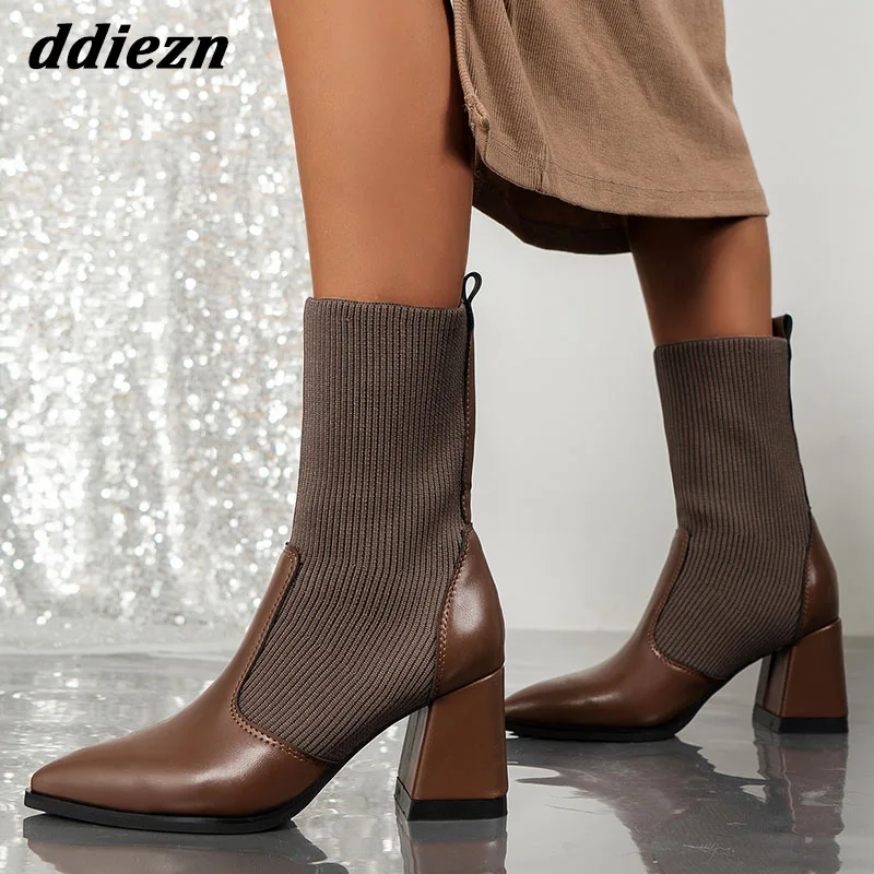 

Новинка 2023, модные женские короткие сапоги из эластичной ткани, Женские Ботильоны на каблуке, повседневные Роскошные женские туфли-лодочки,...