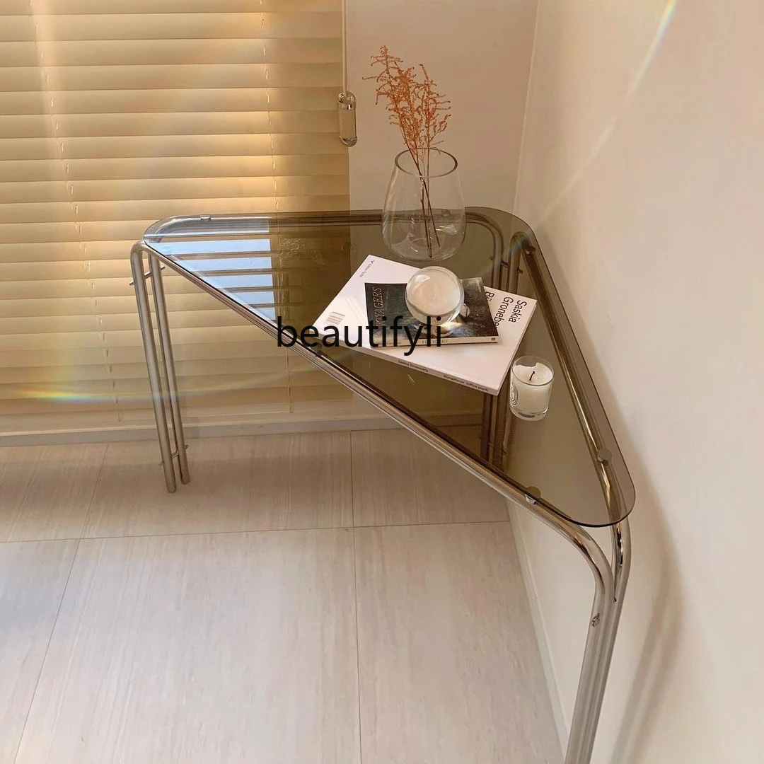 

yj Simple Triangle Corner Table Corner Table Amber-Yellow Glass Electroplated Metal Small Apartment Computer Desk