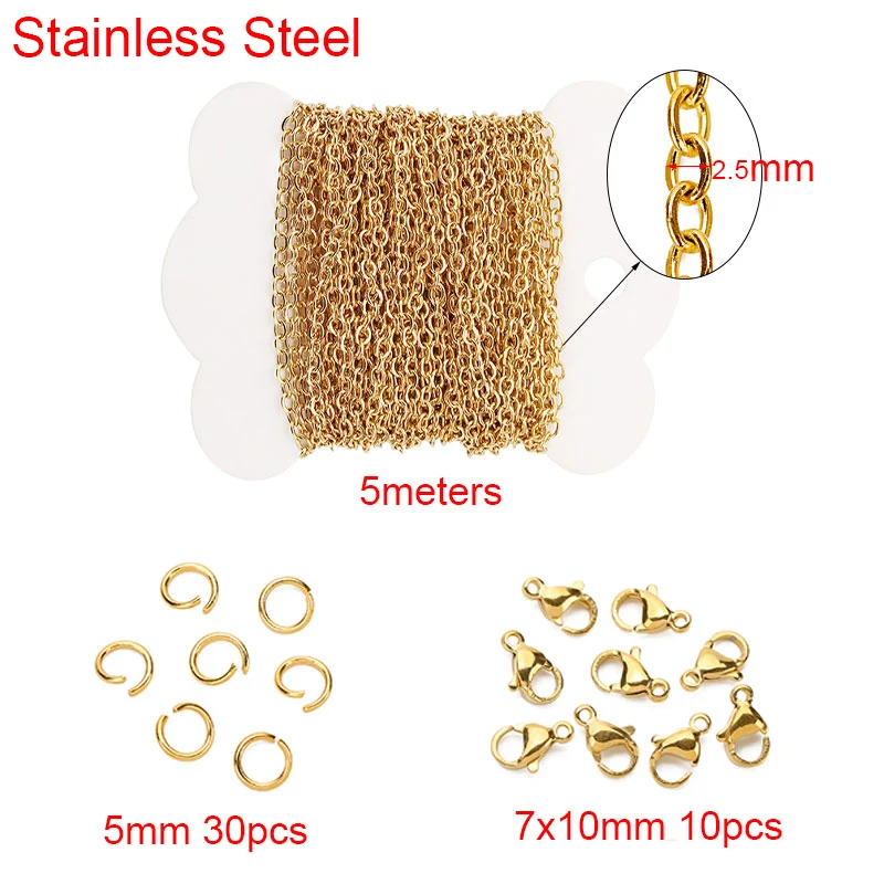 

5meters Stainless Steel Chains Bulk for Necklace 1.5 2 2.5 mm Gold Color Metal Lobster Clasps Jump Rings Bracelet Jewelry Making