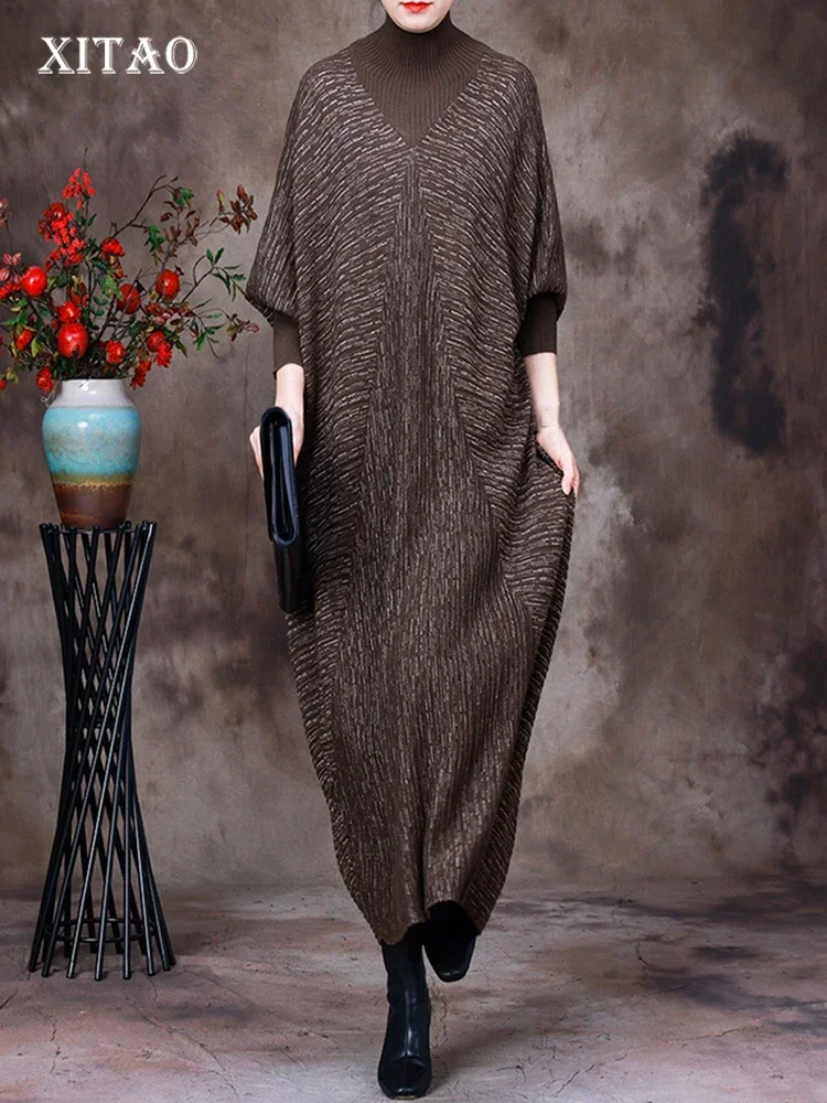 

Женское трикотажное платье с рукавами «летучая мышь» XITAO, свободное Удобное повседневное осеннее платье с высоким воротником и длинными рукавами, ZZ0045
