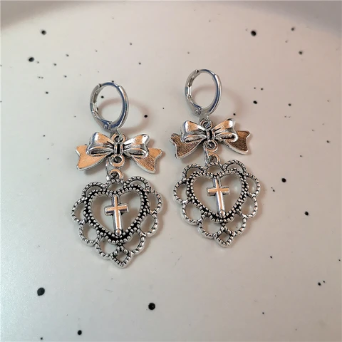 Серьги-подвески imixlot сердечко с бантом и крестом