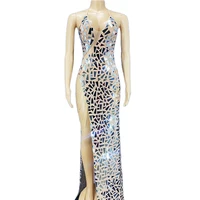 sexy club mirror dress luxury party celebration silver sequin strapless mermaid evening gowns high slit prom trailing outfit