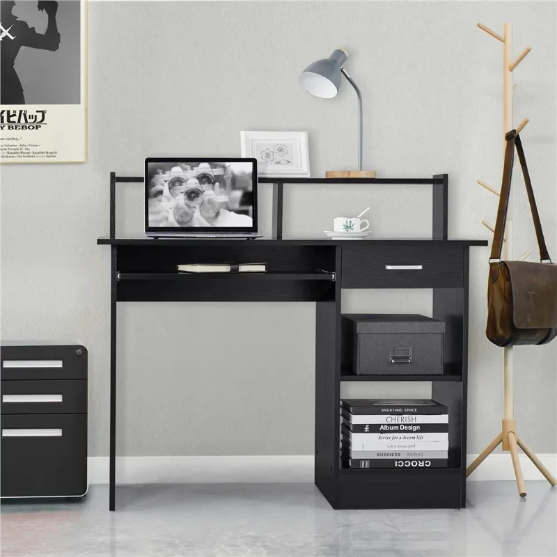 

Smile Mart Wooden Home Office Computer Desk with Drawers and Keyboard Tray, Black