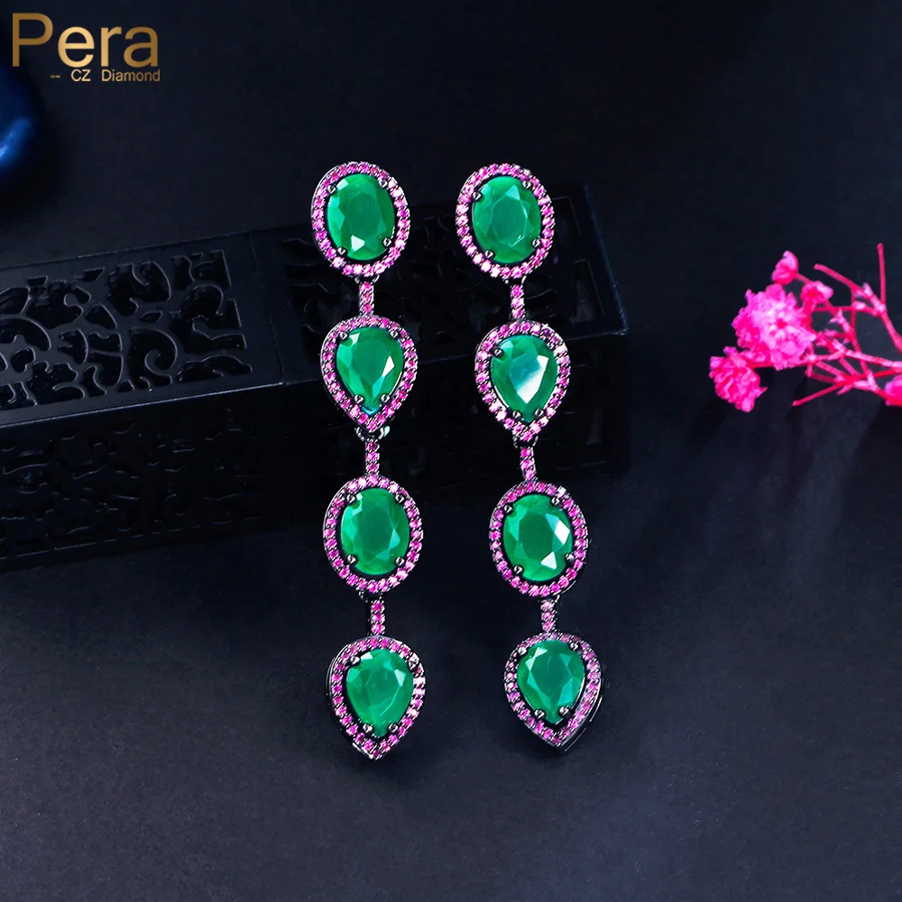 

Pera Dignified Oval Cubic Zirconia Long Emerald Green Red Water Drop Dangle Earrings Evening Party Dress Jewelry for Ladies E955