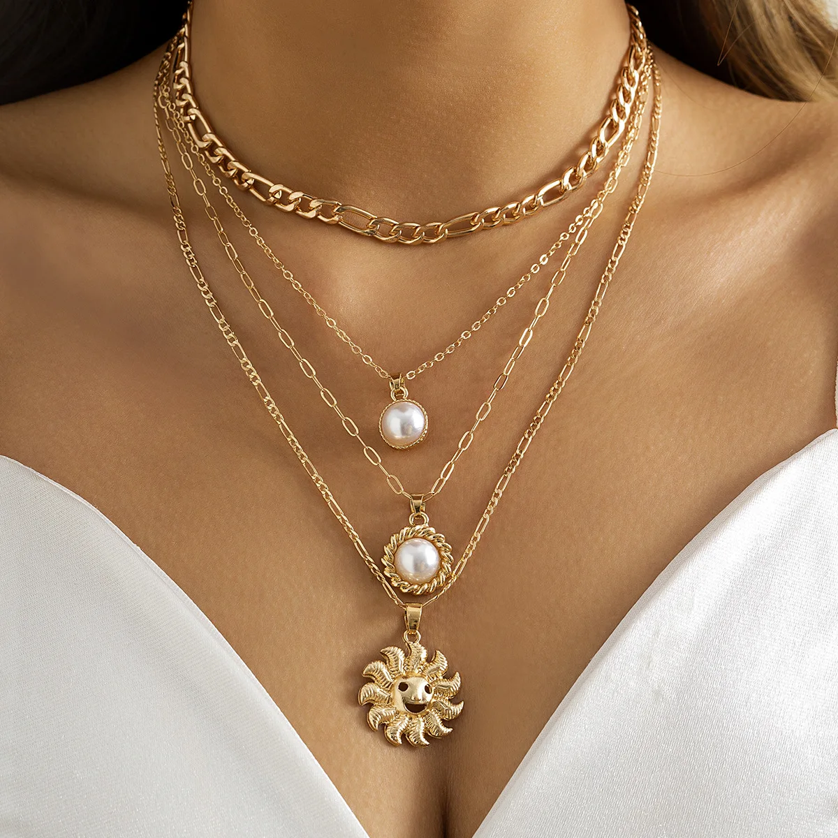 

Korean Choker Necklace Women Jewelry Vintage Big Sun Flowers Pendant Chunky Chain Necklace for Women Neck Accessories