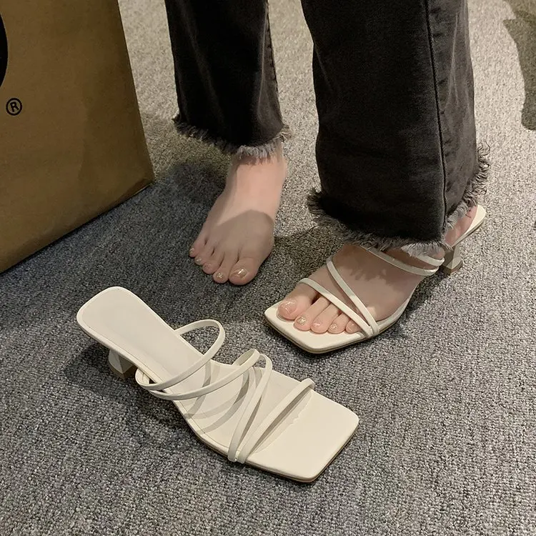 

Shoes Woman 2023 Female Slippers Thin Heels Med Heeled Mules New High Summer Rubber Rome Pumps Retro Slides Fabric Scandals PU
