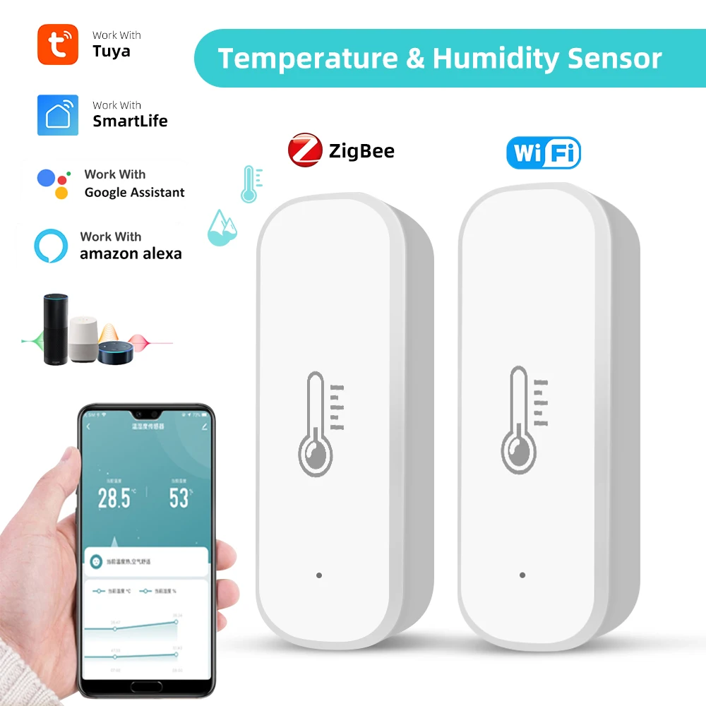 

Tuya Zigbee/WiFi Smart Temperature Humidity Sensor Indoor Hygrometer Thermometer APP Real-time Monitor Works with Alexa Google