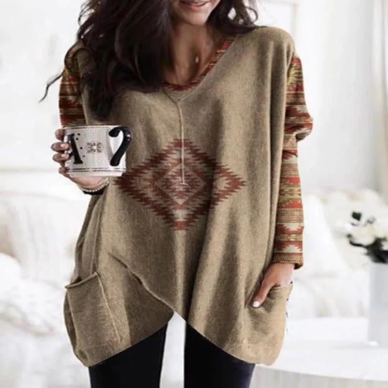 

Women Loose Baggy T-shirt Long Sleeve V Neck Pullover Jumper Spring V-Neck T-Shirt Ladies Casual Loose Pocket Irregular Tops