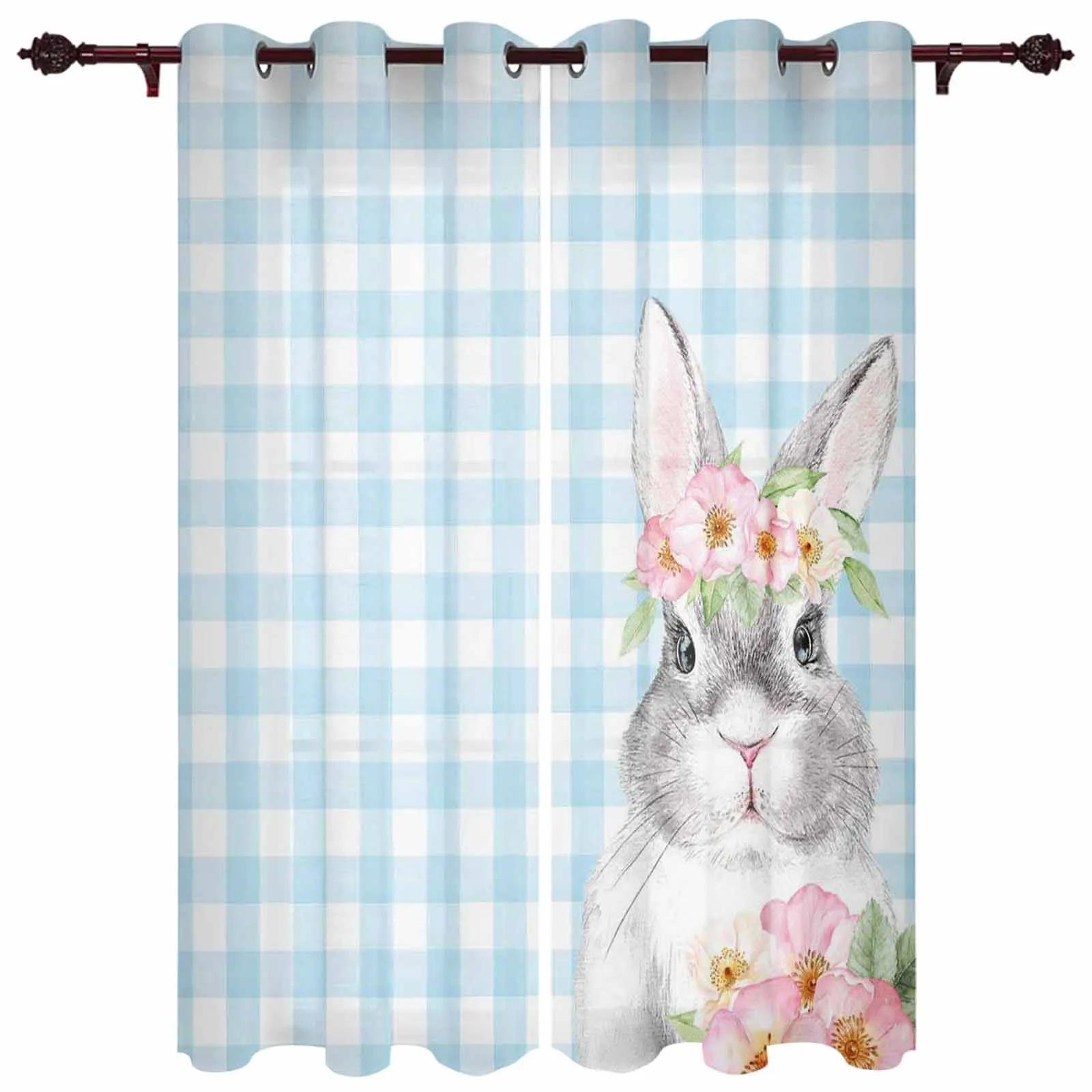 

Акварельные шторы в клетку с изображением кролика и цветов для гостиной, домашние шторы для окна, шторы для кухни, спальни, комнатные шторы