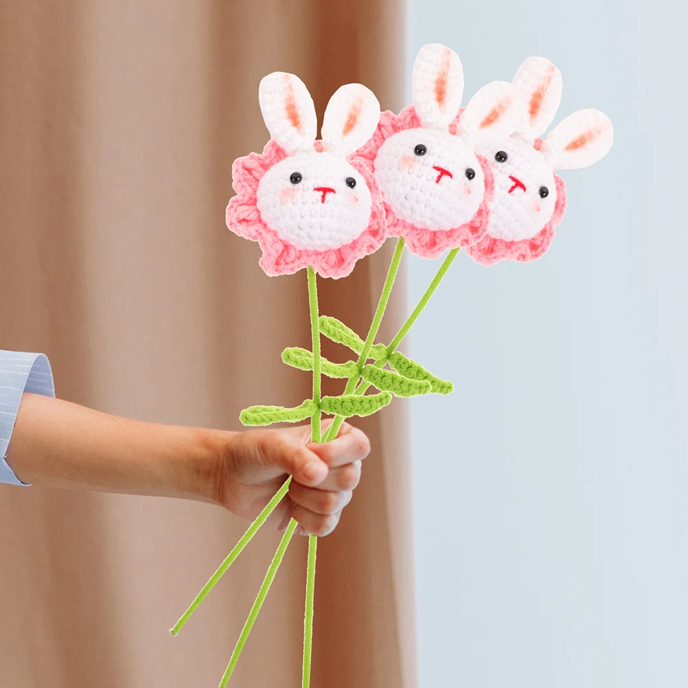 

2 Pcs Knitted Rabbit Crochet Bouquet Bunny Artificial Flower Flowers Polyester Plush