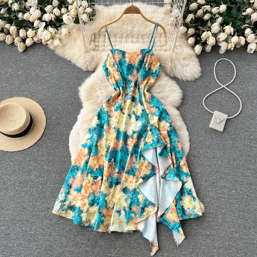 

Пляжное праздничное платье с цветочным рисунком; Темпераментное приталенное и тонкое милое платье с открытыми плечами на подтяжках; Лето 2022