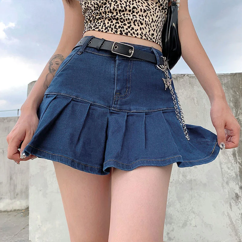 Women's Mini Pleated Denim Skirt Y2k Punk High Waist Korean Fashion Summer Dress, Harajuku