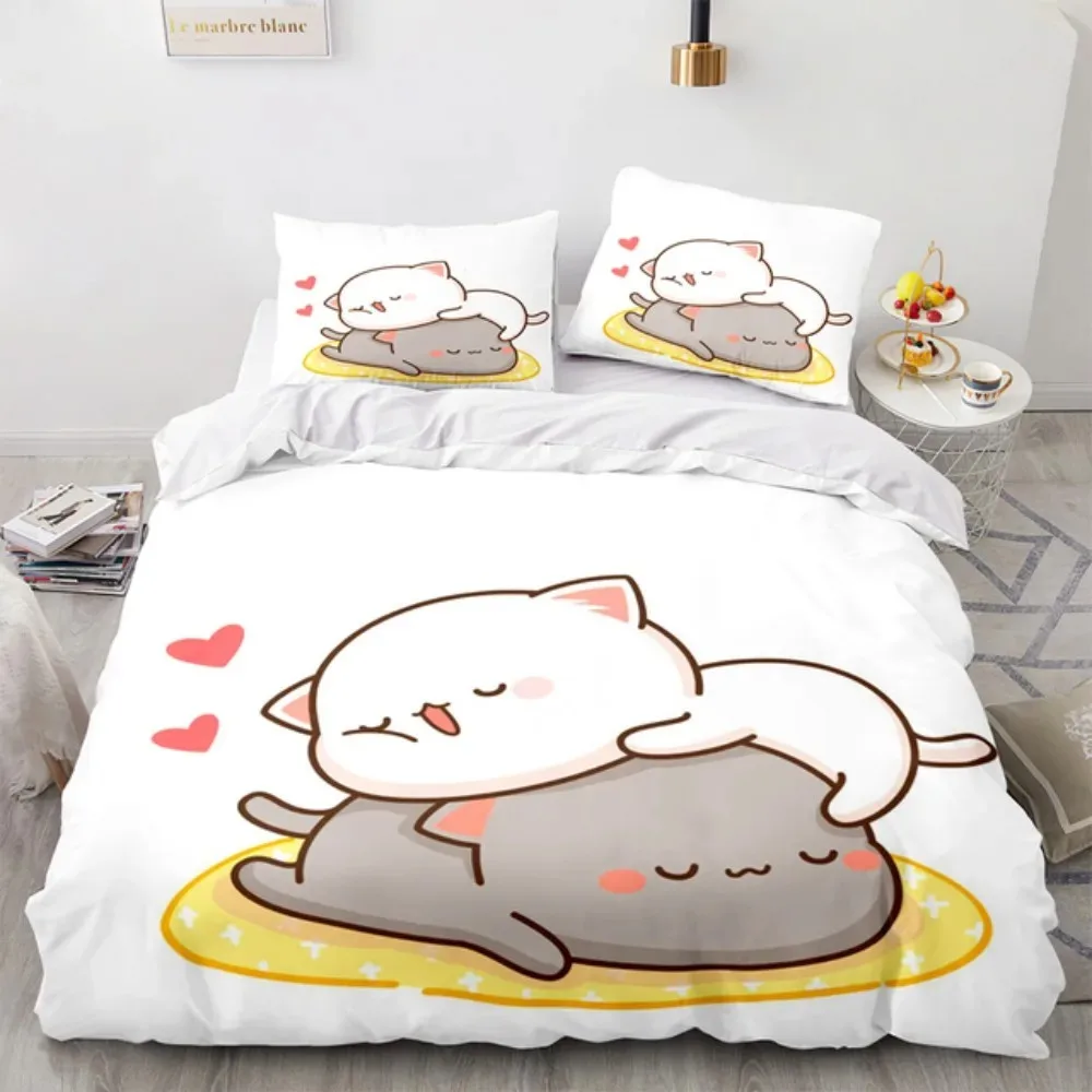Lovely Peach Cat Bedding Set Cartoon Comforter Sets Double Queen King Twin Full Size Duvet Cover Kids Girls White Bed Linen