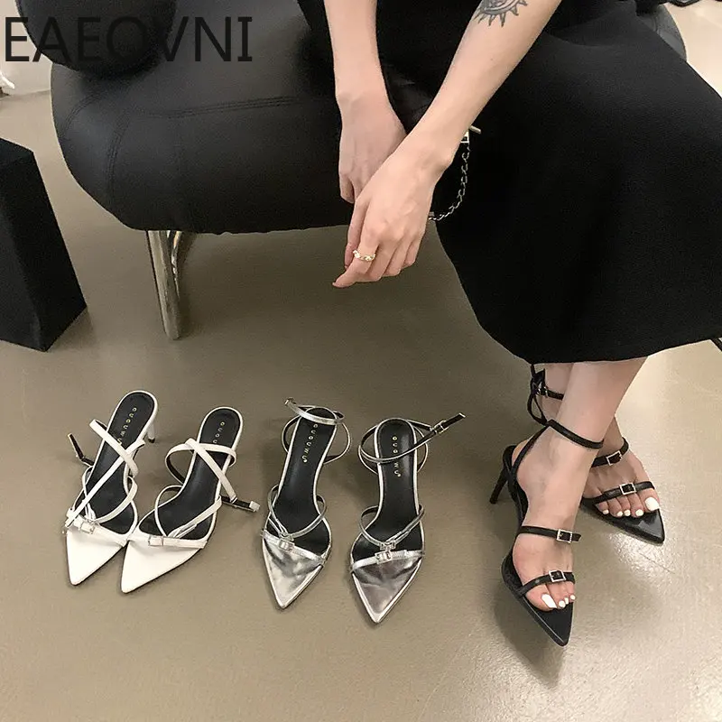

2023 Summer Pointed Toe Women Sandal Narrow Band Brand Gladiator Shoes Thin High Heel Ankle Starp Dress Pumps Shoes