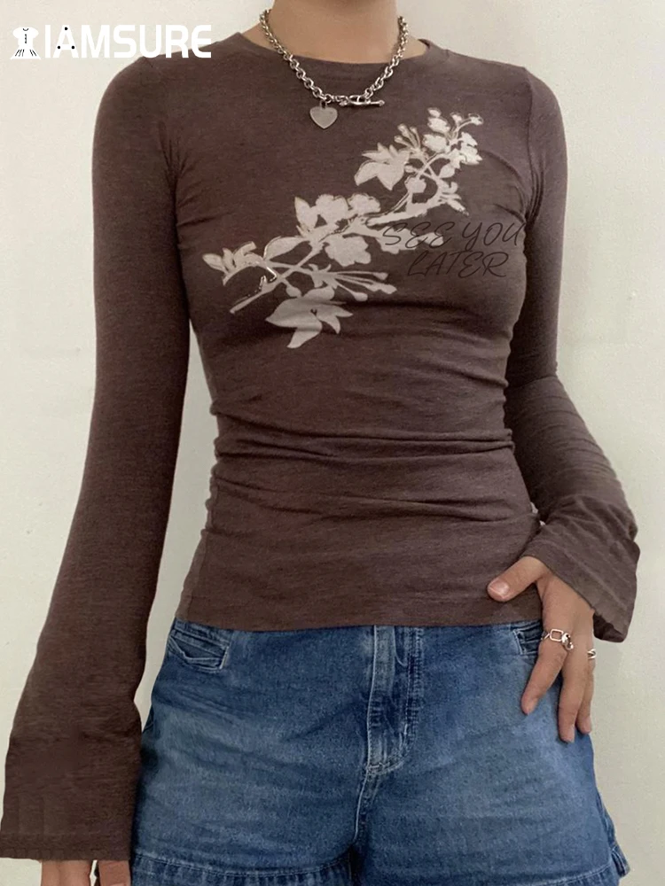 

IAMSURE Vintage Casual Slim Floral Printed T Shirt Basic O-Meck Long Flare Sleeve Tees Women 2023 Autumn Winter Streetwear Lady