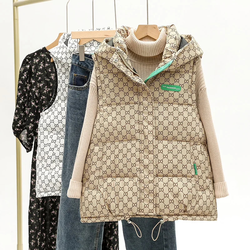 damska kamizelka z nadrukiem jesienno-zimowa bez rękawów Casual gruba ciepła kurtka kapturem