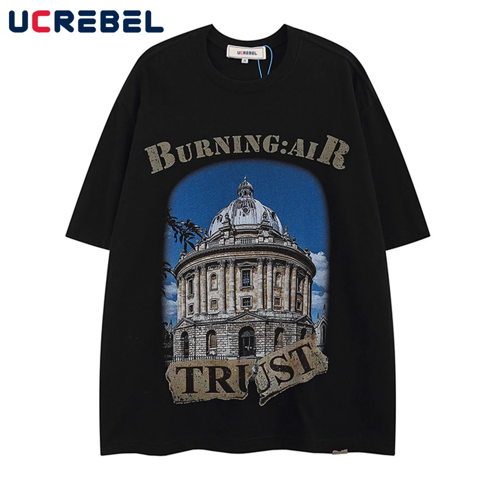 

Castle Print Short Sleeve T-shirt Mens Summer Punk Style Casual Half-Sleeve Streetwear Loose Crew Neck Cotton Tee Men