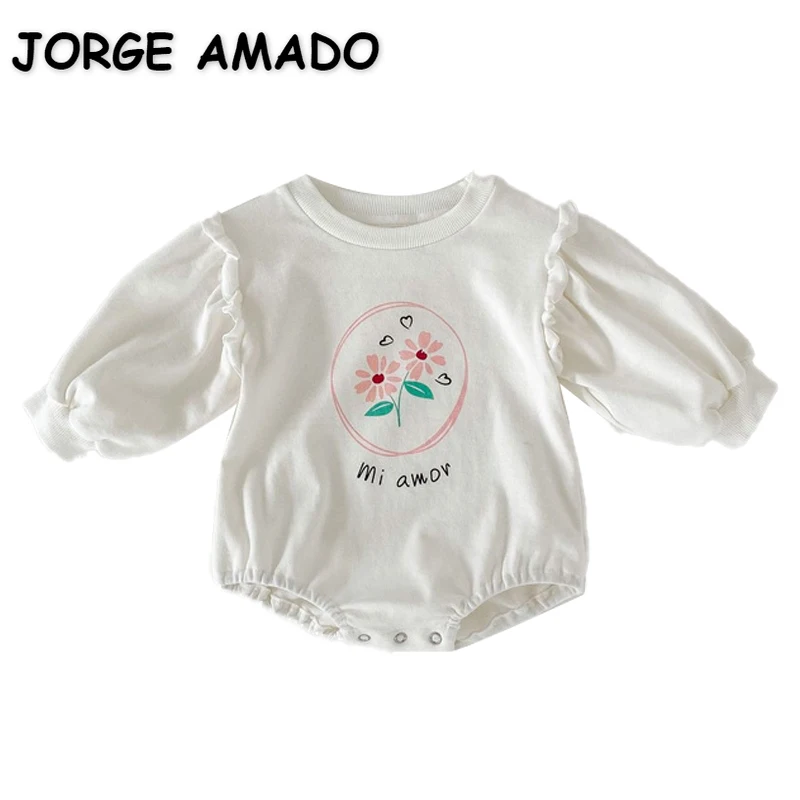 

New Autumn Clothes for Baby Girl Bodysuit White Long Sleeves Round Collar Cotton Jumpsuit Newborn Clothes E5017