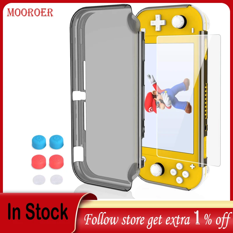 

Case for Nintendo Switch Lite, with Tempered Glass Screen Protector ,Mooroer PC Clear Protective Case Cover and Thumb Stick Caps