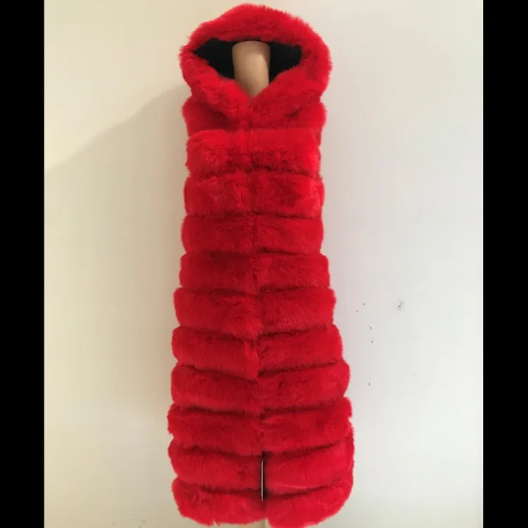 Hot Selling Faux Fox Jacket Fur Hooded Women's Extra Long Sleeveless Vest