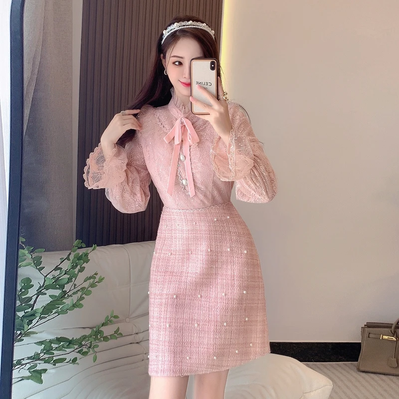 

New Sweet Bow Beaded Pink Slim Mini Dress Women Runway Fashion Ruffles Flare Sleeve Lace Patchwork Tweed Dresses Vestidos